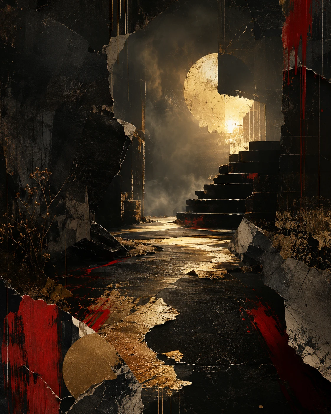 A dark abstract chamber with a luminous golden threshold, representing the SonaVow Studios creative journey